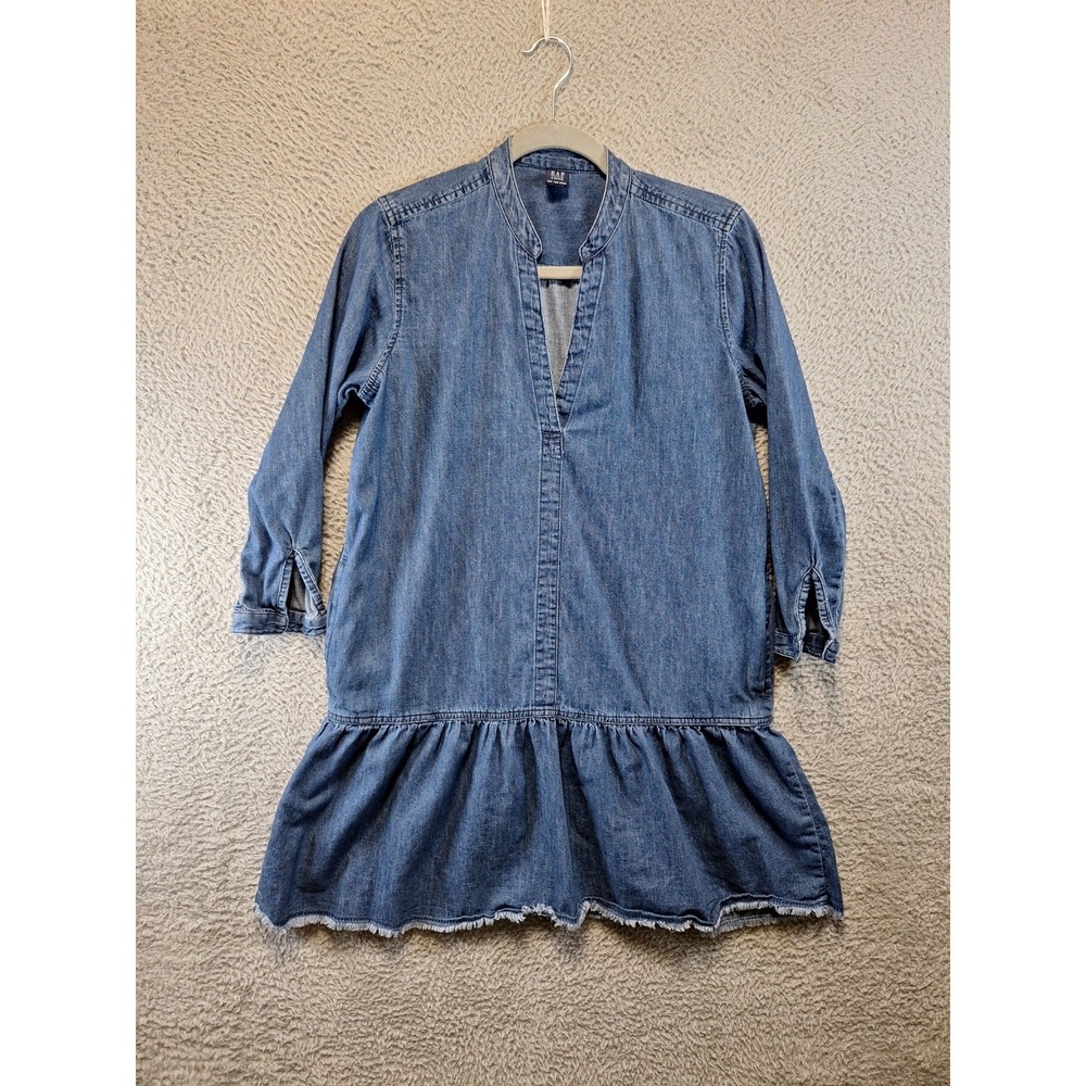 GAP Denim Tunic Dress Womens S Petite Blue Cotton 3/4 Sleeve V-Neck Ruffle Hem